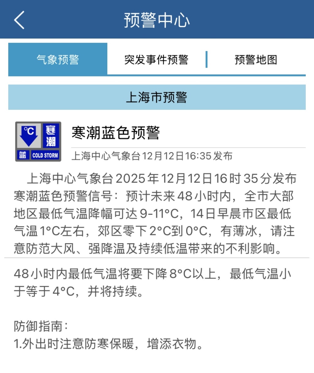 未来48小时上海最低气温降幅达9℃